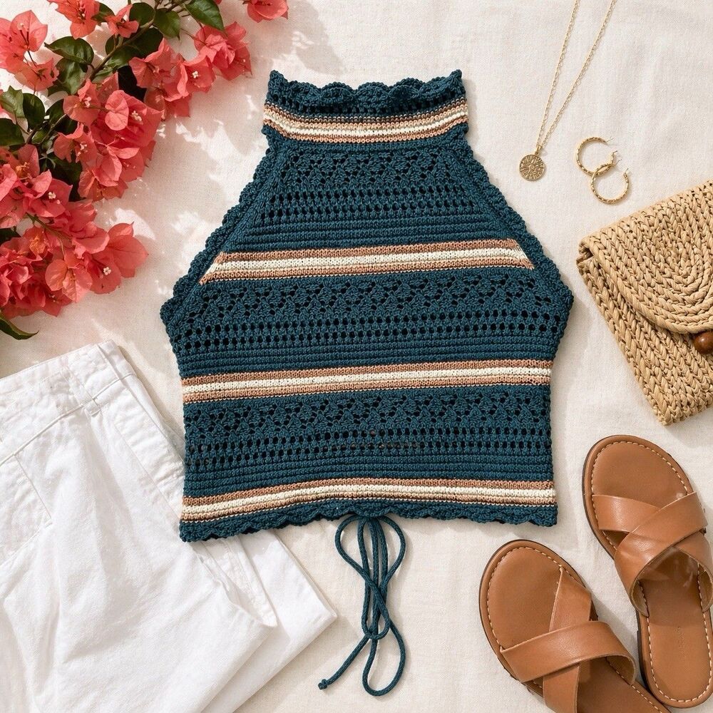 Crochet Halter Top Corset Back Boho Festival Knit Tank Beach Summer XL Lace Up